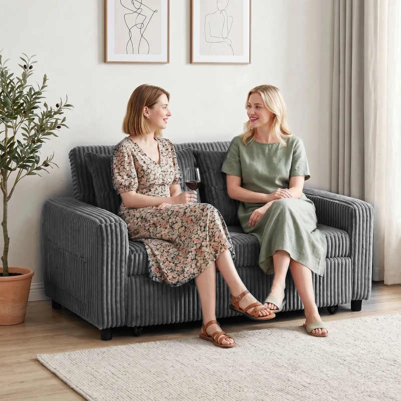 HOMCOM 2-Sitzer Sofabett, Cordbezug, zum Schlafsofa umwandelbar, 2 Kissen, Seitentaschen, 157 x 190 cm, Dunkelgrau
