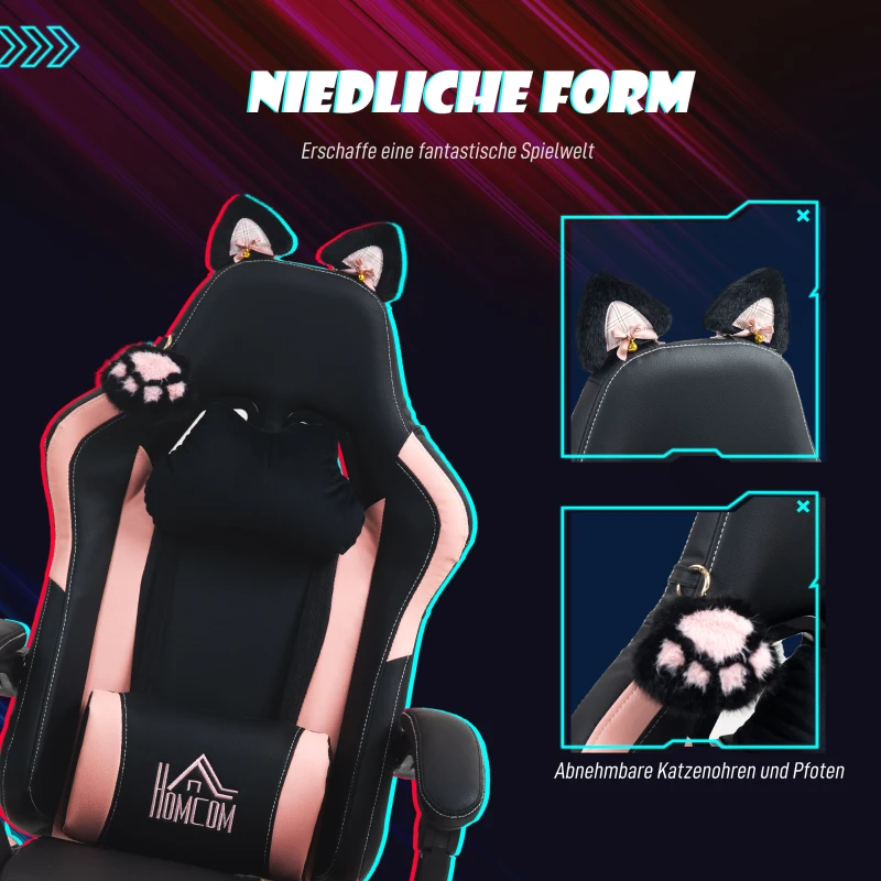 HOMCOM Gamingfauteuil met kattenoortjes, kantelbare rugleuning, uitschuifbare voetsteun, tot 120 kg, Roze/Zwart(m-4)