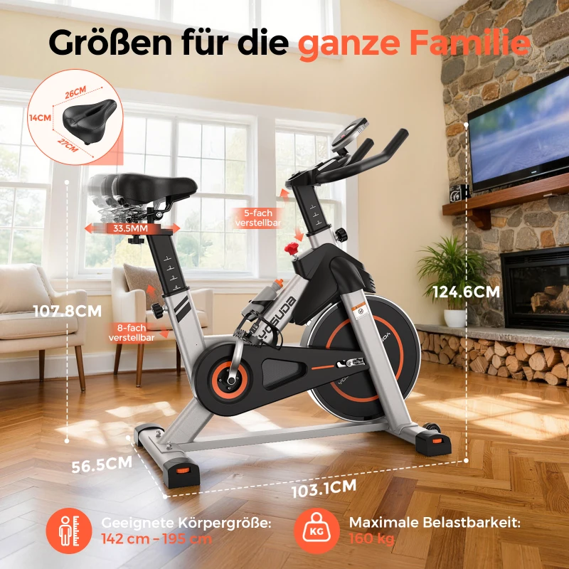 Vélo d'appartement, réglable en hauteur, cadre en acier renforcé, arrêt d'urgence, 103,5x56,5x124,6 cm, noir