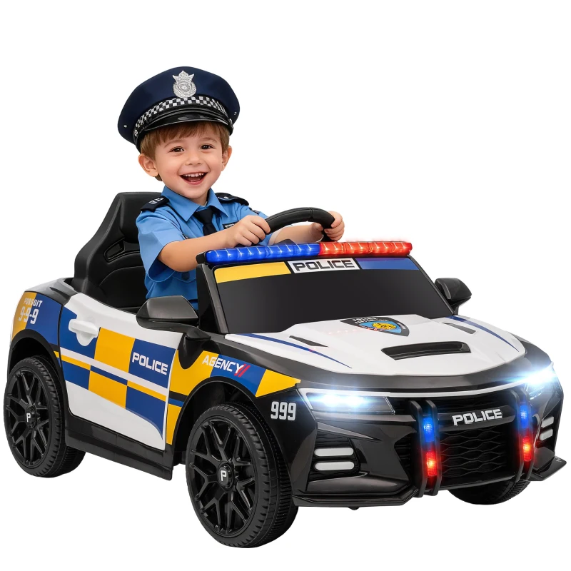 AIYAPLAY 12V Kinder Elektroauto Polizei Polizeiauto mit Fernbedienung Sirene Warnlicht Musik & Hupe Doppelmotoren Federung Weiß