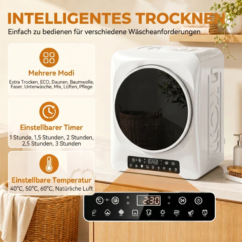 HOMCOM 1000W compacte wasdroger met Extra Droog & ECO-functies, timer- en temperatuurinstellingen, wit