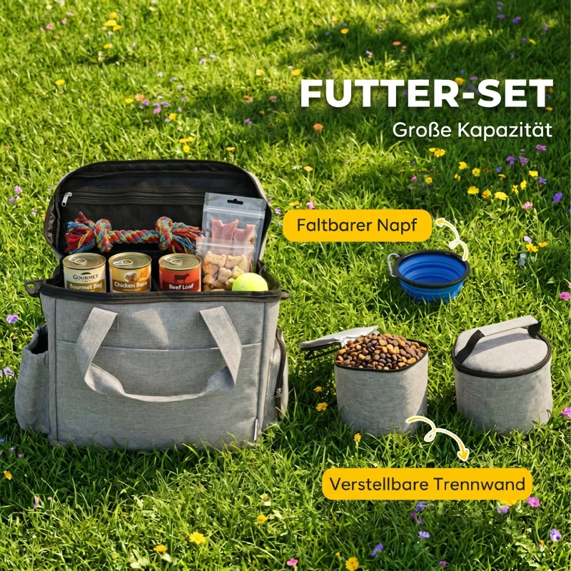 PawHut Hundebox Transportbox Hund mit mehreren Fächern 2 Futterbehältern zusammenklappbar Silikonschüssel 38x17x35 cm Hellgrau