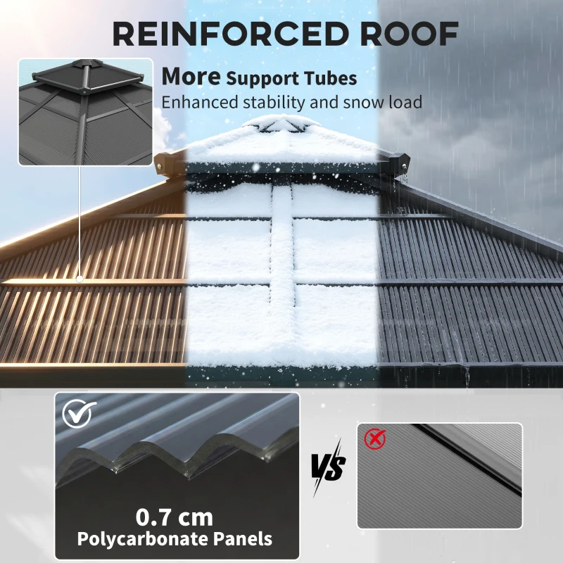 Outsunny 3 x 3(m) Hardtop Gazebo Canopy with 7mm Polycarbonate Double-Tier Roof, Garden Gazebo Permanent Pavilion with Mosquito Netting and Curtains for Patio, Terrace, Dark Grey