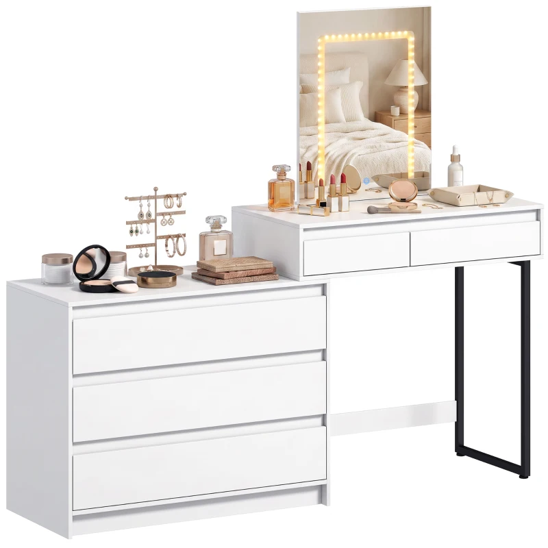 HOMCOM Vanity Makeup Desk LED Mirror Dressing Table Large Storage 5 Drawers White