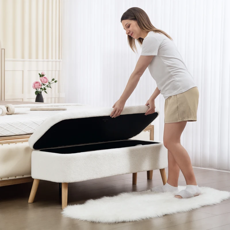 HOMCOM Opbergzithocker, zithocker met 65 L opbergruimte, voetensteun, fleece-stof, rubberhout, schuim, 120 x 42 x 45 cm, Crèmekleurig(m-9)