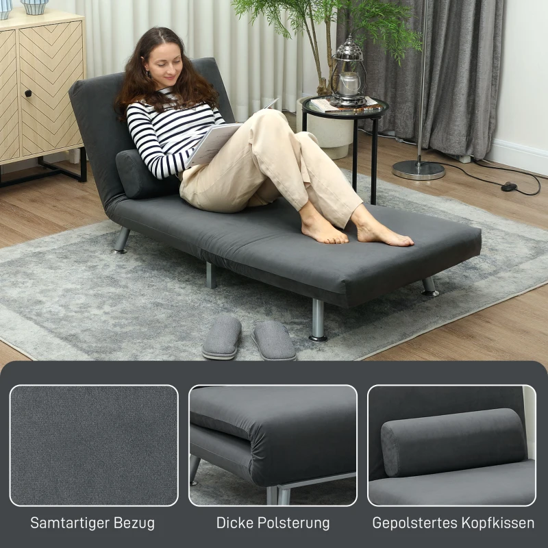 HOMCOM Opklapbare stoel met bedfunctie, opvouwbare relaxstoel in velvet-look, Verstelbare rugleuning, 75 x 70 x 75 cm, Donkergrijs