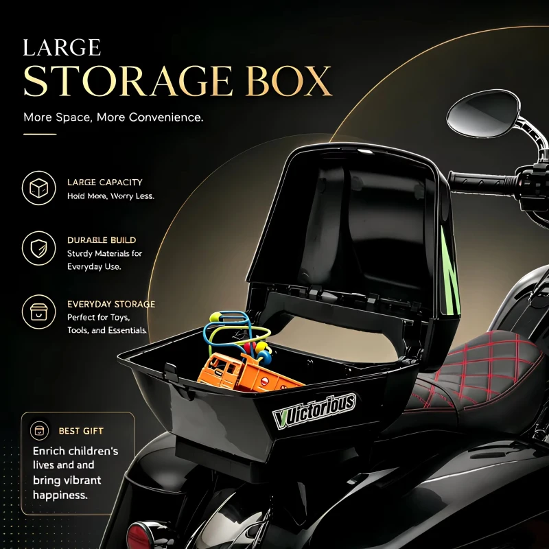 Moto elettrica 12V per bambini, ampio vano portaoggetti e sedile morbido in PU, 110x48x68 cm, Nero