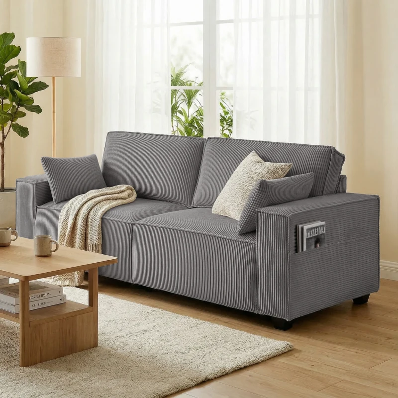 HOMCOM 218 cm 3-Sitzer Sofa, modernes Cord-Sofa mit Taschenfeder-Polsterung, breiten Armlehnen und 2 Kissen, hellgrau