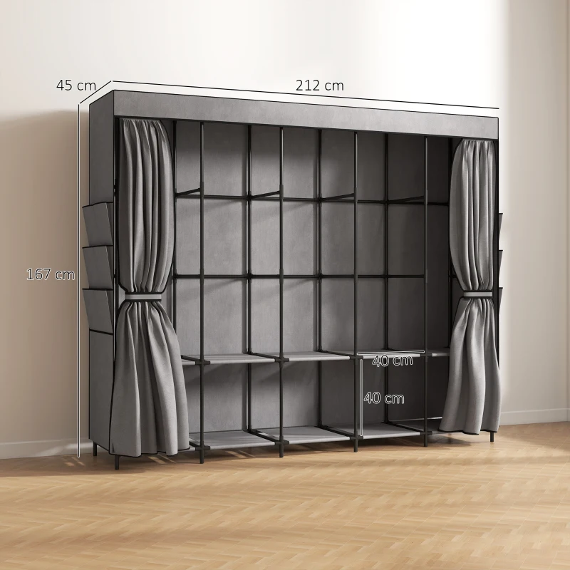 HOMCOM Stoffkleiderschrank mit 5 Stangen 5 Regalen 6 Seitentaschen Reißverschluss Stahlrahmen 212x45x167 cm Grau