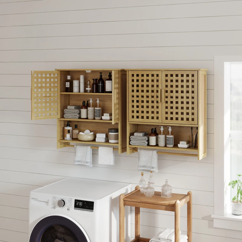 HOMCOM Armário de Casa de Banho de Parede em Bambu com 2 Portas Ripadas, Prateleira Aberta e Ajustável Natural