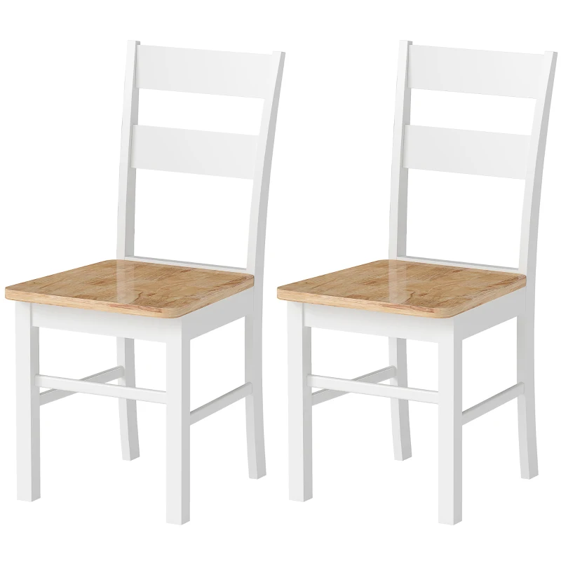 HOMCOM Set van 2 Keukenstoelen, Rubberhout, Gebogen Lattenrugleuning, Wit