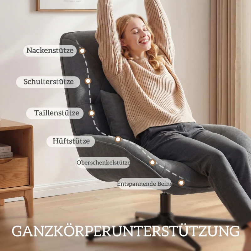 HOMCOM Draaibare Accentstoel, Chenille Gestoffeerde Fauteuil met Lendenkussen, Hoge Rugleuning, Diepe Zitting, Donkergrijs