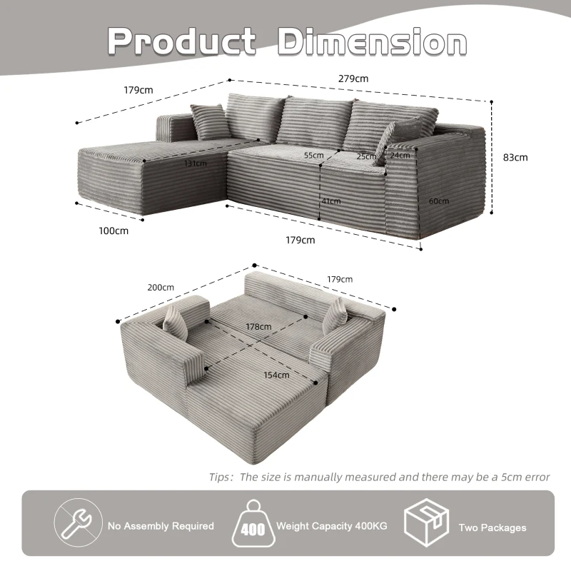 Divano angolare a L modulare con chaise longue, salvaspazio, design minimalista, seduta profonda, 279x179x83 cm, Grigio