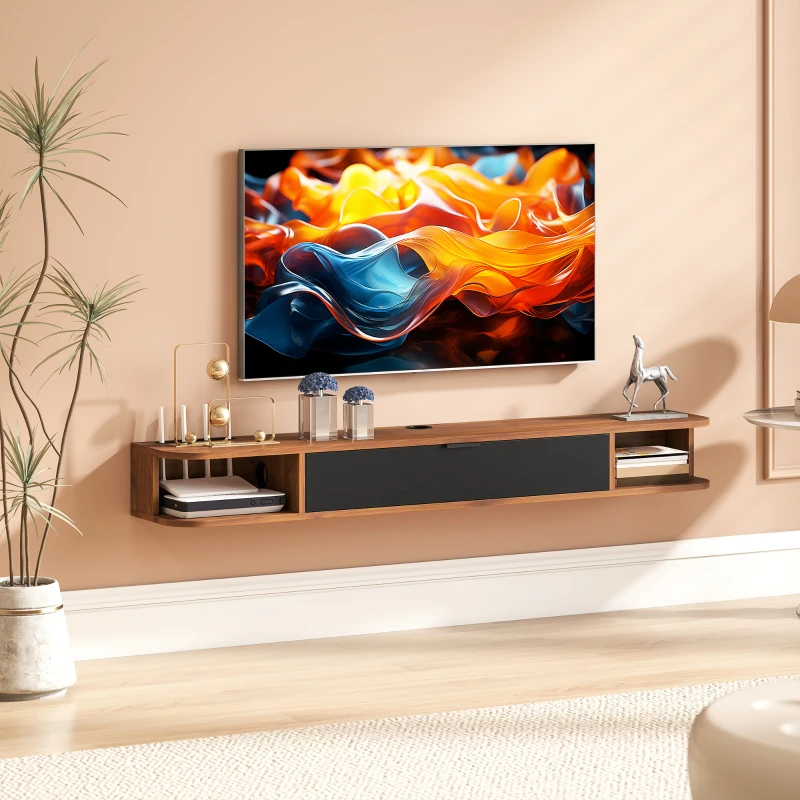 HOMCOM Wandhängendes TV-Möbel, TV-Bank für Fernseher bis 60 Zoll, Klappschublade, 2 Ablagen, 140x24x16cm, Nussbaum