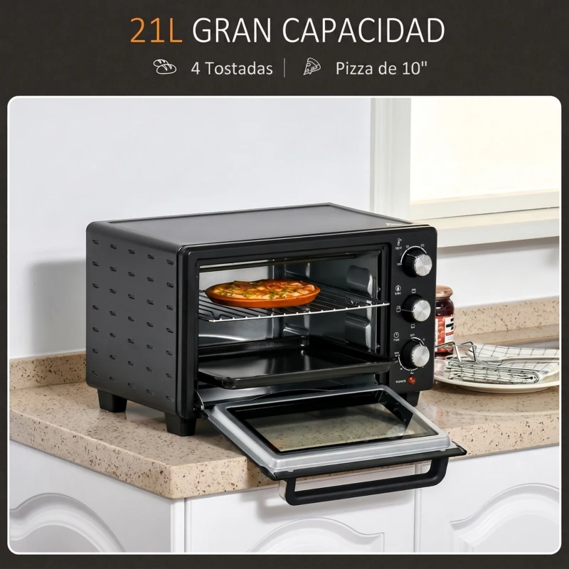HOMCOM Horno Sobremesa de 21L 1400W Mini Horno Eléctrico Temporizador hasta 60min y Temperatura Regulable hasta 230℃ Negro