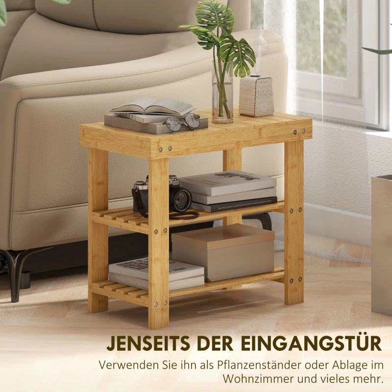 HOMCOM Schoenenbank van bamboe, schoenenrek met 2 planken, zitvlak, voor hal, ingang, 50x28x45cm, naturel