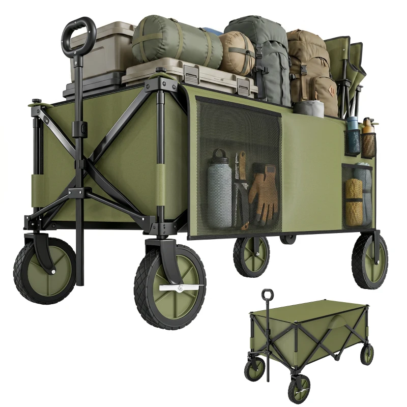 Outsunny Bollerwagen, klappbar, 5 Seitentaschen, einziehbare Griff, bis 120 kg belastbar, Stahl, 108 x 55 x 93 cm, Grün