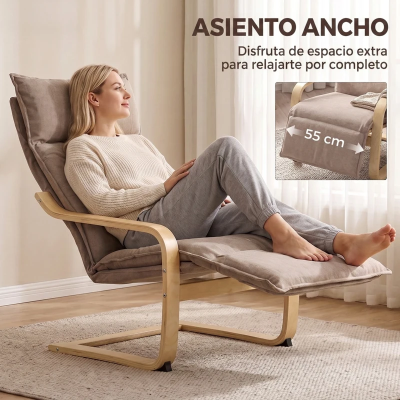 HOMCOM Butaca de Salón Tapizada en Lino con Reposapiés con Balanceo Suave Respaldo Alto Asiento Amplio Marrón Claro