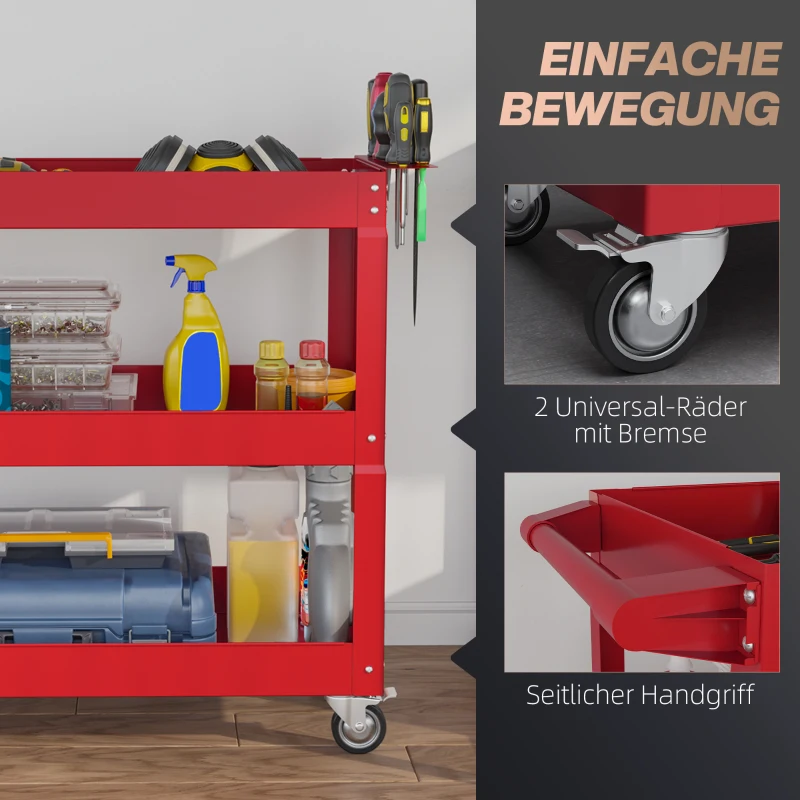 DURHAND 3-niveaus gereedschapswagen, 4 wielen, Staal, 83B x 35,3D x 76H cm, Rood