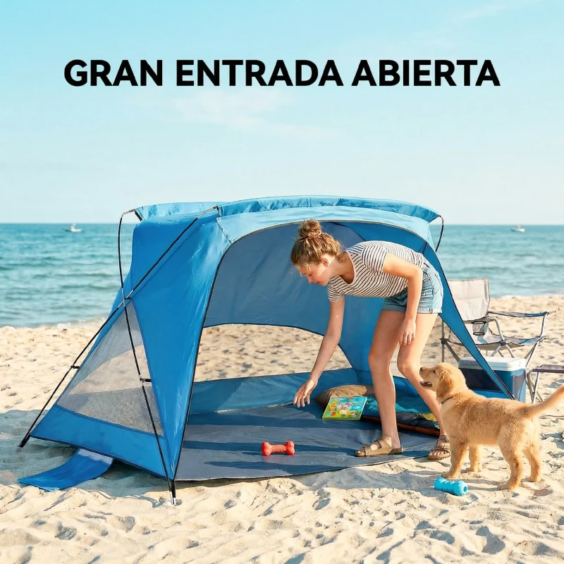 Outsunny Carpa de Playa para 2-3 Personas con Sacos de Arena, Puerta, Ventanas, UPF30+ Bolsa de Transporte Bolsillo Azul Cielo