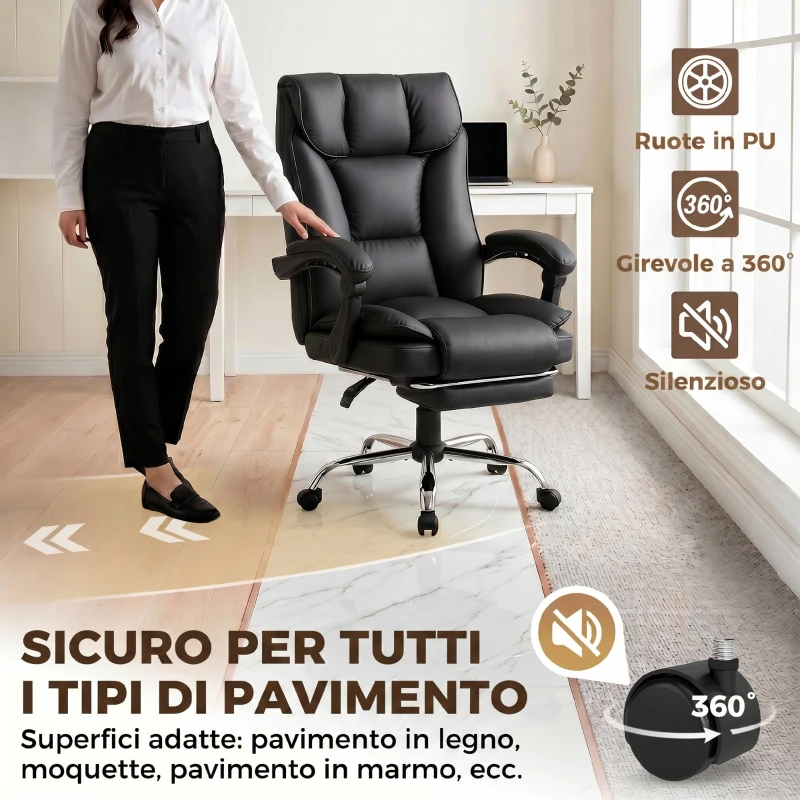 HOMCOM Silla de Oficina Reclinable a 155° con Reposapiés, Doble Acolchado y Revestimiento en Piel Sintética, Negro