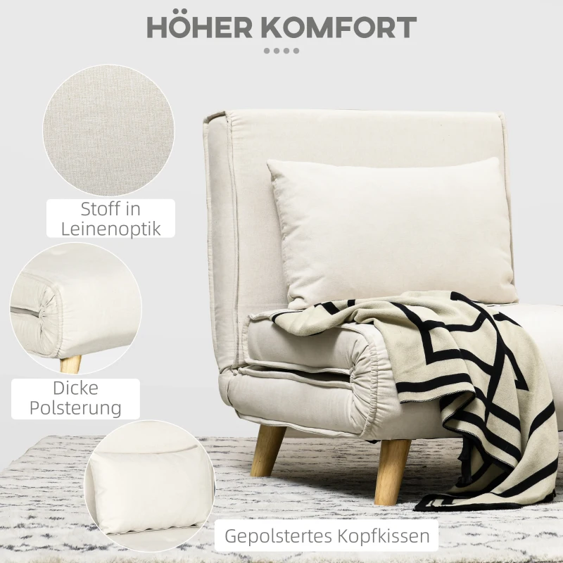 HOMCOM Slaapstoel, 6-staps verstelbare leuning, Linnenlook, tot 150 kg, Roomwit(m-4)