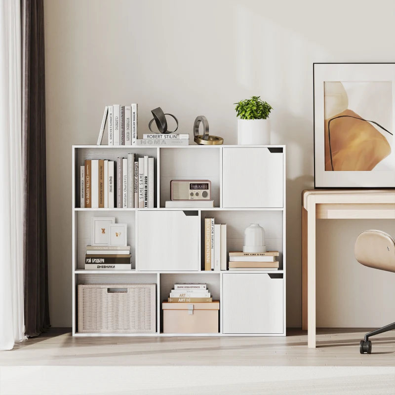 HOMCOM Bibliothèque étagère de rangement 9 cubes avec 3 portes et 6 compartiments ouverts, 106 x 24 x 95 cm, blanc