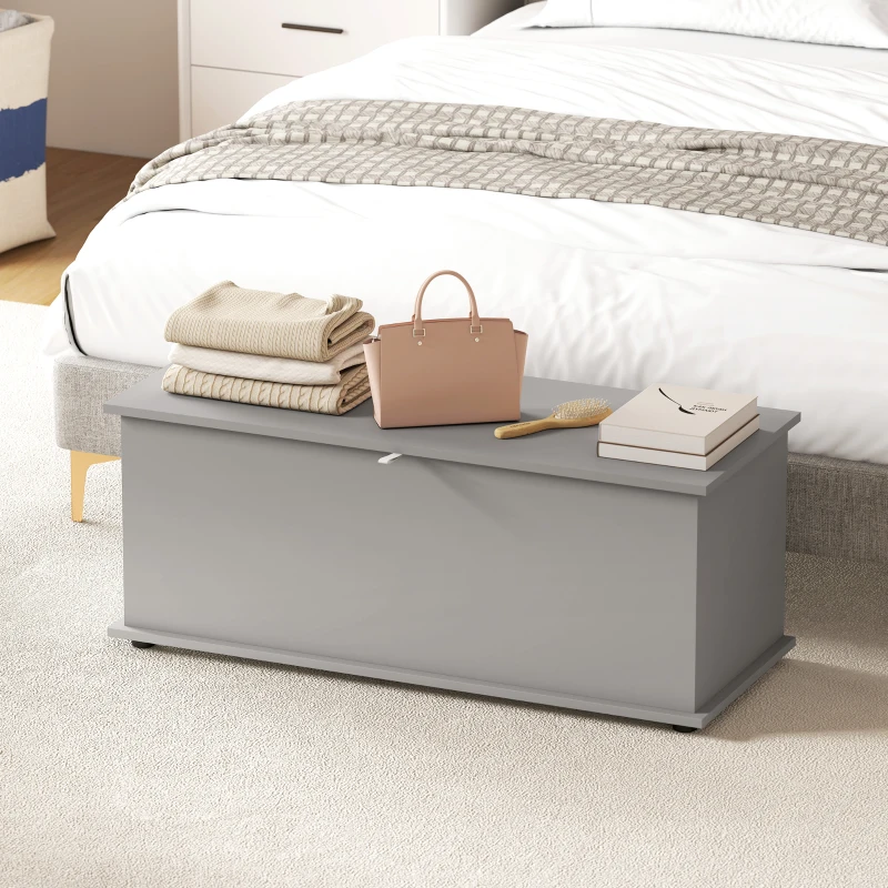 HOMCOM Coffre de rangement, banc de rangement avec couvercle rabattable et charnières de sécurité, 100 x 40 x 40 cm, gris