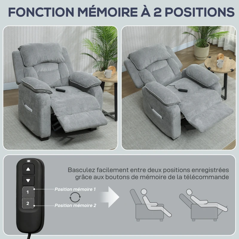 HOMCOM Fauteuil relax électrique fauteuil inclinable port USB repose-pieds poches latérales télécommande 86x90x103cm gris clair