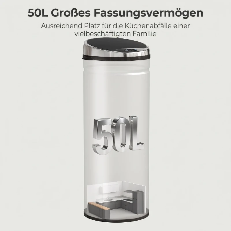 HOMCOM 50 L Sensor Mülleimer, Automatischer Abfalleimer, Rostfreier Kücheneimer mit Infrarotsensor, für Küche, Esszimmer