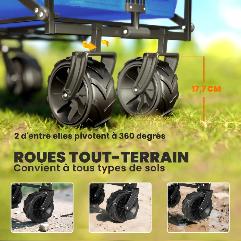 Outsunny Chariot de Transport Pliable Tout Terrain 180 L, Poignée Télescopique Pousser-Tirer 2 en 1, Auvent Amovible, Bleu
