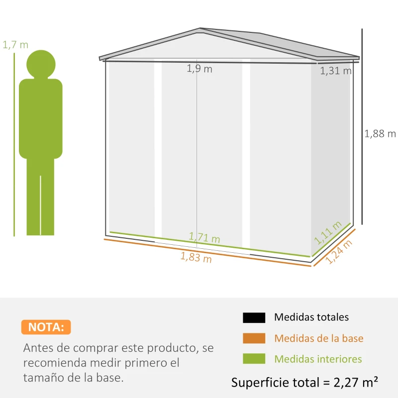Outsunny Caseta de Jardín Exterior 190x131x188 cm Cobertizo Metálico con 2 Ventilaciones y Puerta para Herramientas Gris