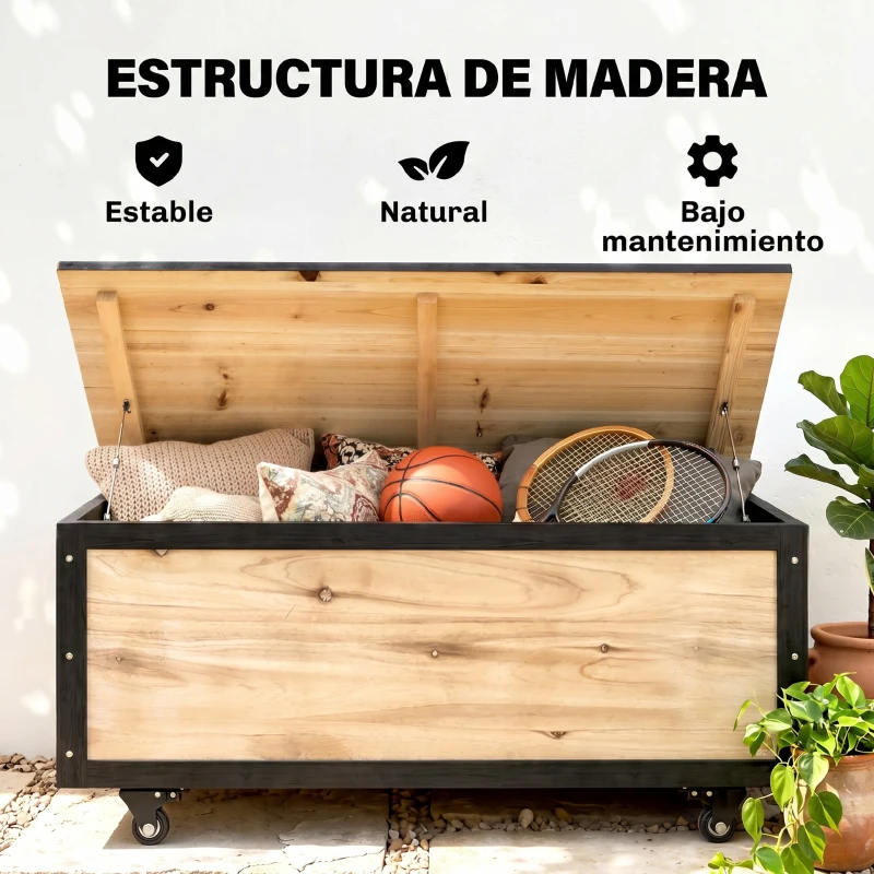 Outsunny Baúl de Exterior de Madera con 4 Ruedas para Jardín Patio Balcón 100x50x43 cm Natural y Negro