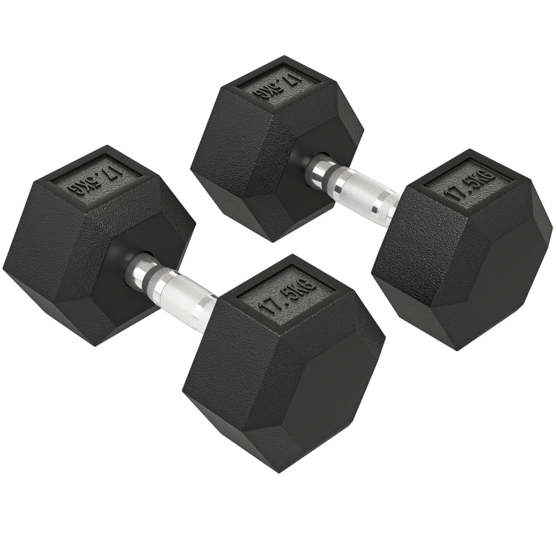 HOMCOM Set de 2 Mancuernas Hexagonales de 2x17,5 kg de Hierro Fundido Recubiertas en Goma para Entrenamiento en Casa Gimnasio