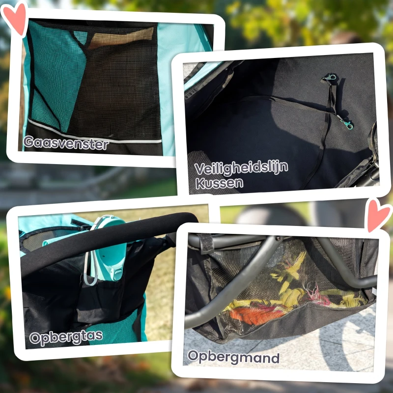PawHut Hondenbuggy, huisdierenwagen voor kleine honden en katten, met opbergmand, één-klik-opvouwontwerp, Turquoise(m-8)