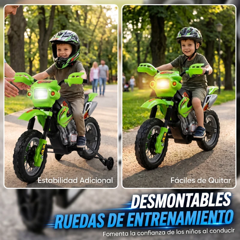 HOMCOM Moto Eléctrica para Niños con Ruedas de Apoyo Desmontables Faros y Música para Niños 3-6 Años Verde