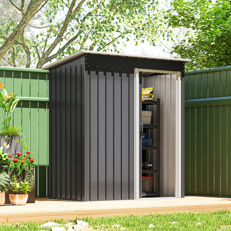 Outsunny Abrigo de Jardim Exterior 1,5 m² 163x89x182 cm Abrigo Metálico para Ferramentas com Porta de Correr e Teto Inclinado Preto