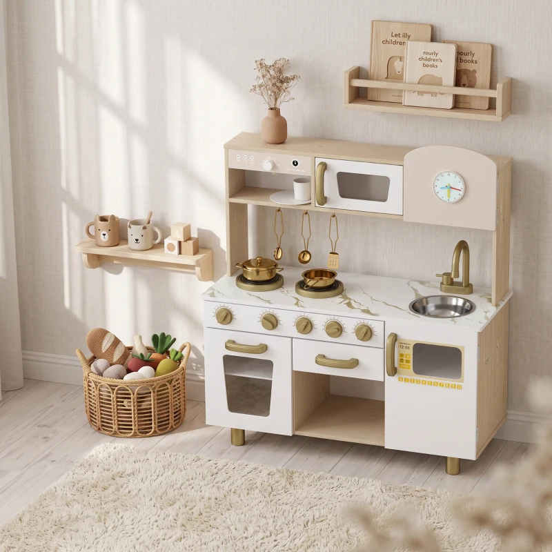 AIYAPLAY Cuisine Enfant en Bois, Dinette Cuisine Enfant avec Ustensiles en Acier Inoxydable, pour 3 à 6 Ans, 74x29x81cm, Blanc