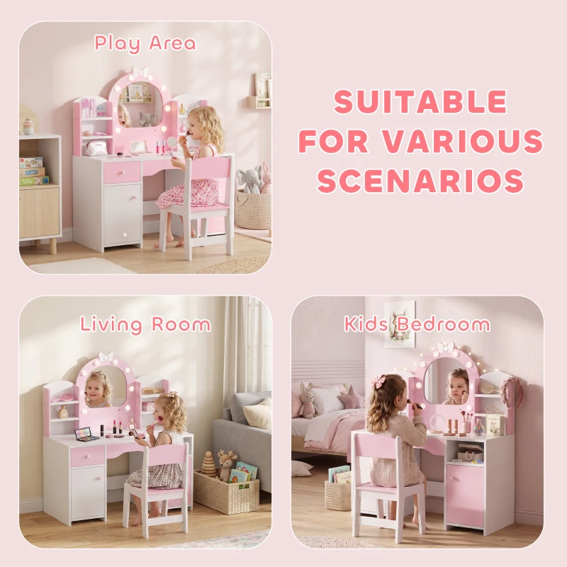 AIYAPLAY Coiffeuse pour Enfants avec Tabouret et Miroir Lumineux à 2 Couleurs en Acrylique, pour 3-8 Ans, 90 x 41 x 104 cm, Rose