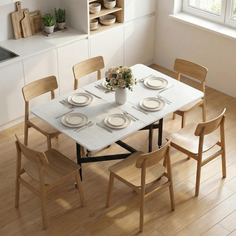 HOMCOM Table à Manger Pliante sur Roulettes pour 4-6 Personnes 120 cm, Roues avec Freins, 2 Abattants, Industriel, Blanc Noir