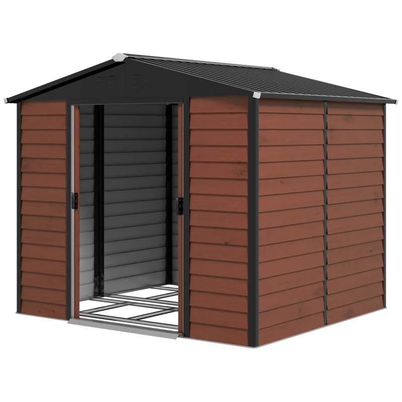 Outsunny Cobertizo de Jardín Exterior 4,4 m² 240x206x198 cm con Base Puerta Corredera y Cerradura Armario para Jardín Teca