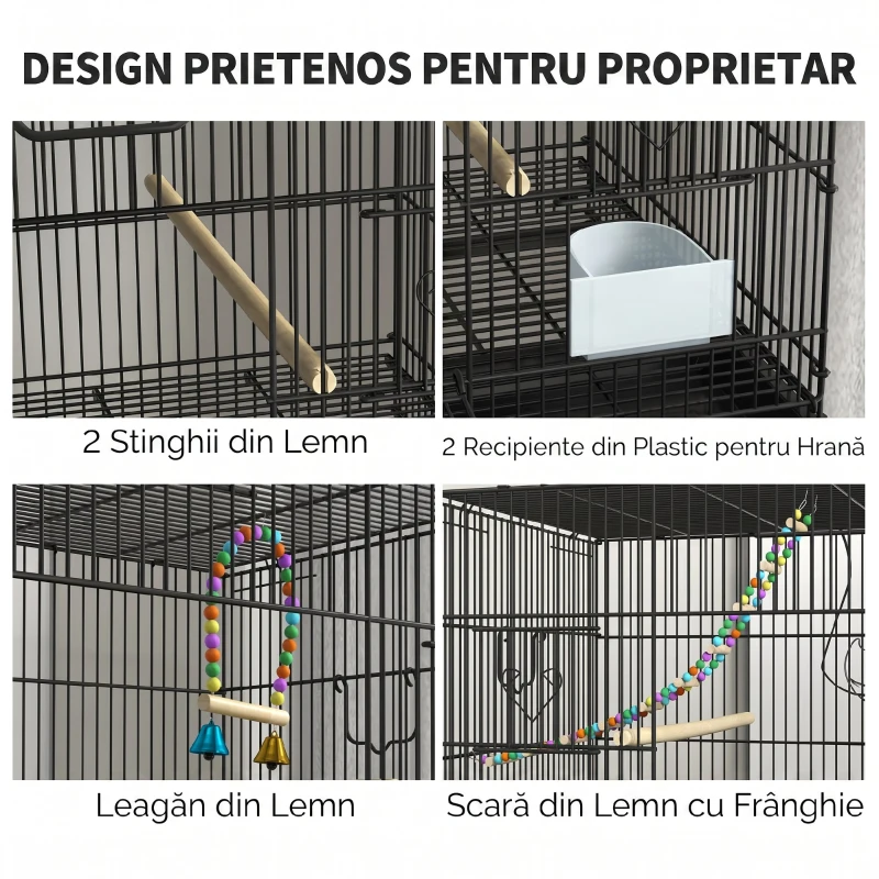 PawHut Cușcă pentru Păsări din Oțel și PP, Design Suprapus cu Stinghii, Leagăne și Scărițe, 77x46x164 cm, Negru