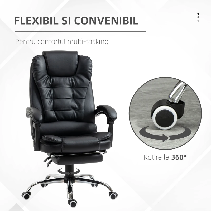 HOMCOM Scaun de Birou din Piele artificiala Neagra Inaltime Reglabila cu Spatar Rabatabil la 145° si Suport pentru Picioare, 64,5x69x117-127 cm