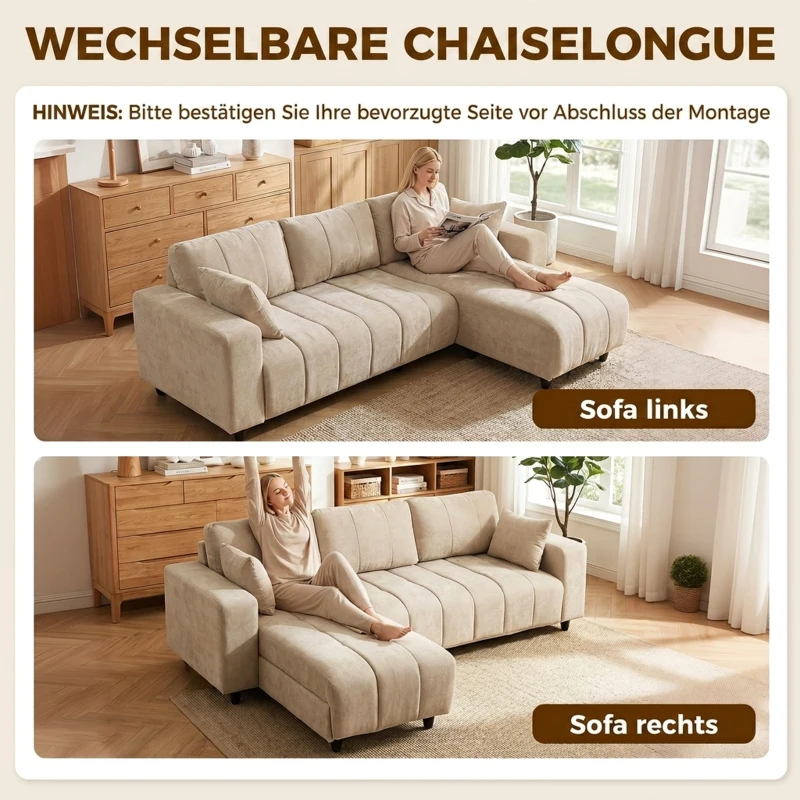 HOMCOM L-vormige hoekbank met flexibele chaise longue, 3-zitsbank met 2 kussens, metalen frame, voor woonkamer, Beige