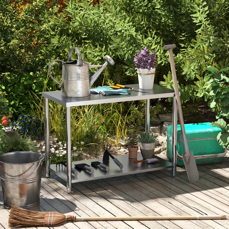 HOMCOM Mesa de Trabajo de Acero Inoxidable con 2 Estantes para Cocina Garaje Taller Carga 100 kg 120x60x86 cm Plata