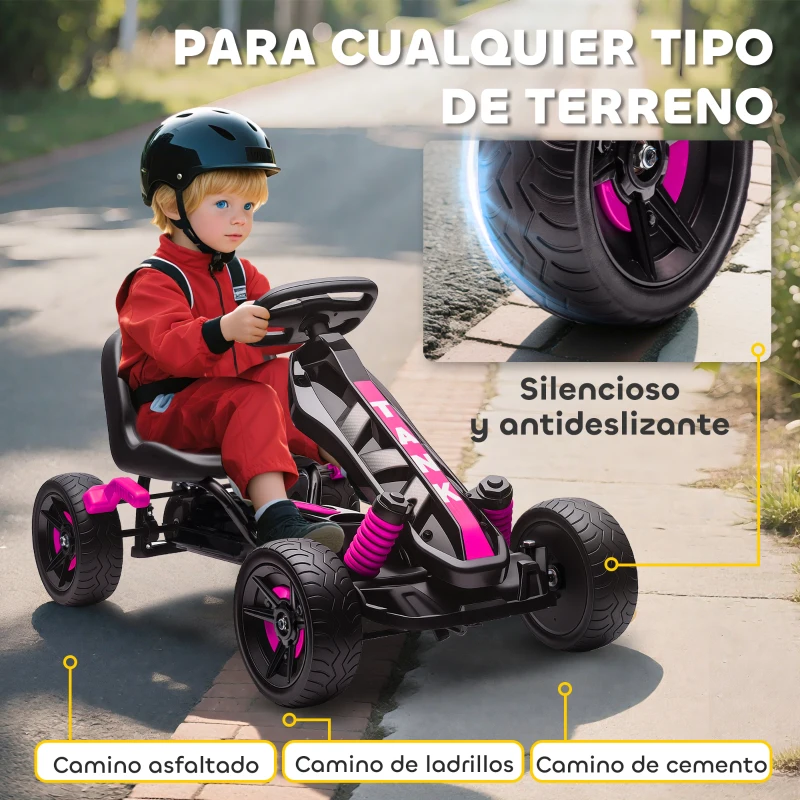AIYAPLAY Kart Pedales para Niños de +3 Años con Embrague Automático Freno Ruedas Antideslizantes de EVA y Marco Metálico Rosa