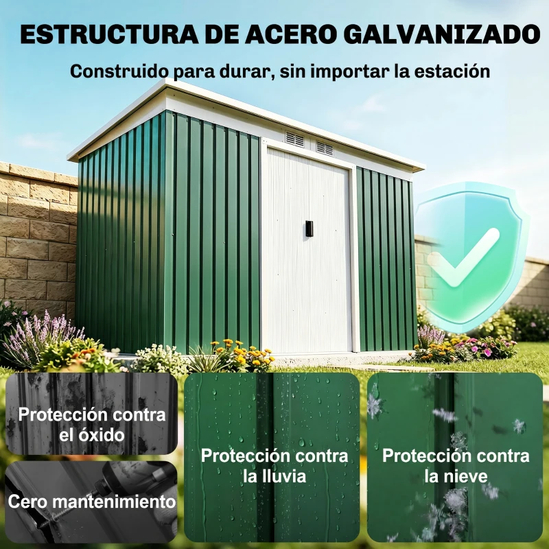 Outsunny Cobertizo de Jardín 280x130x172 cm Caseta de Exterior Metálica para Almacenamiento de Herramientas Verde Oliva