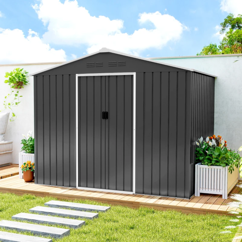 Outsunny Cobertizo de Jardín Exterior 3,6 m² 236x171x191 cm con Puertas Correderas y Ranuras de Ventilación Gris Oscuro