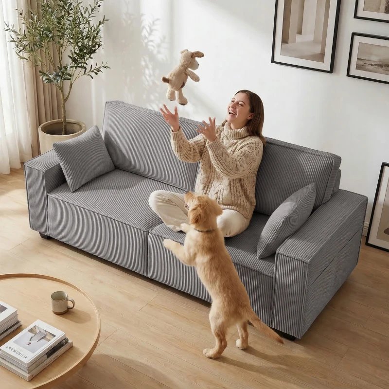 HOMCOM 218 cm brede 3-zitsbank, moderne corduroy-bank met pocketveren, brede armleuningen en 2 kussens, lichtgrijs