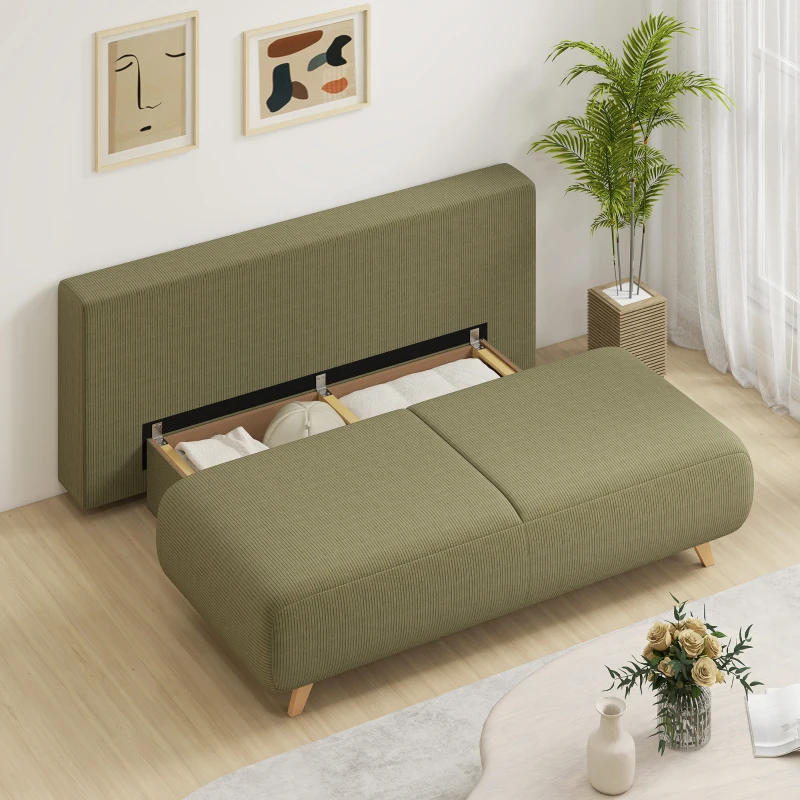 HOMCOM Sofá-cama com encosto ajustável, função cama, espaço de armazenamento escondido e revestimento cotelê, Verde escuro